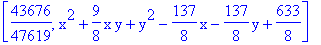 [43676/47619, x^2+9/8*x*y+y^2-137/8*x-137/8*y+633/8]